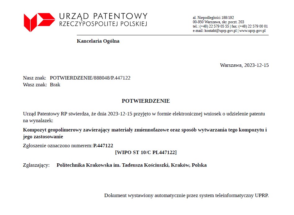 Kompozyt geopolimerowy zawierający materiały zmiennofazowe oraz sposób wytwarzania tego kompozytu i jego zastosowanie - Dzień Wynalazków Kompozyt geopolimerowy zawierający materiały zmiennofazowe oraz sposób wytwarzania tego kompozytu i jego zastosowanie - obrazek 4